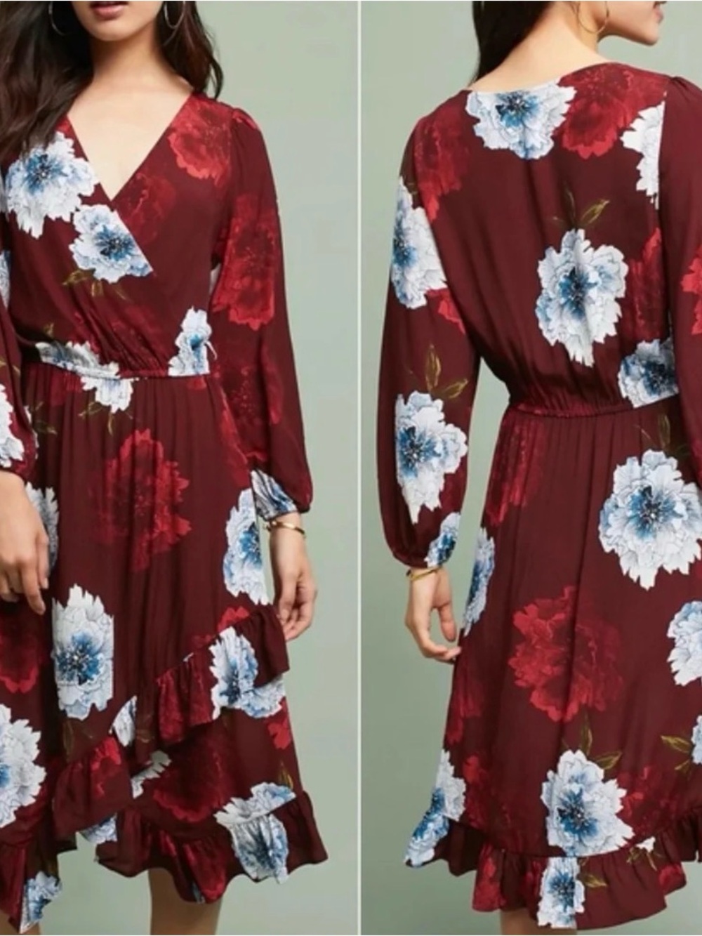 Anthropologie Plenty Tracy Reese Aleah Floral Ruffle Wrap Dress SP Burgundy